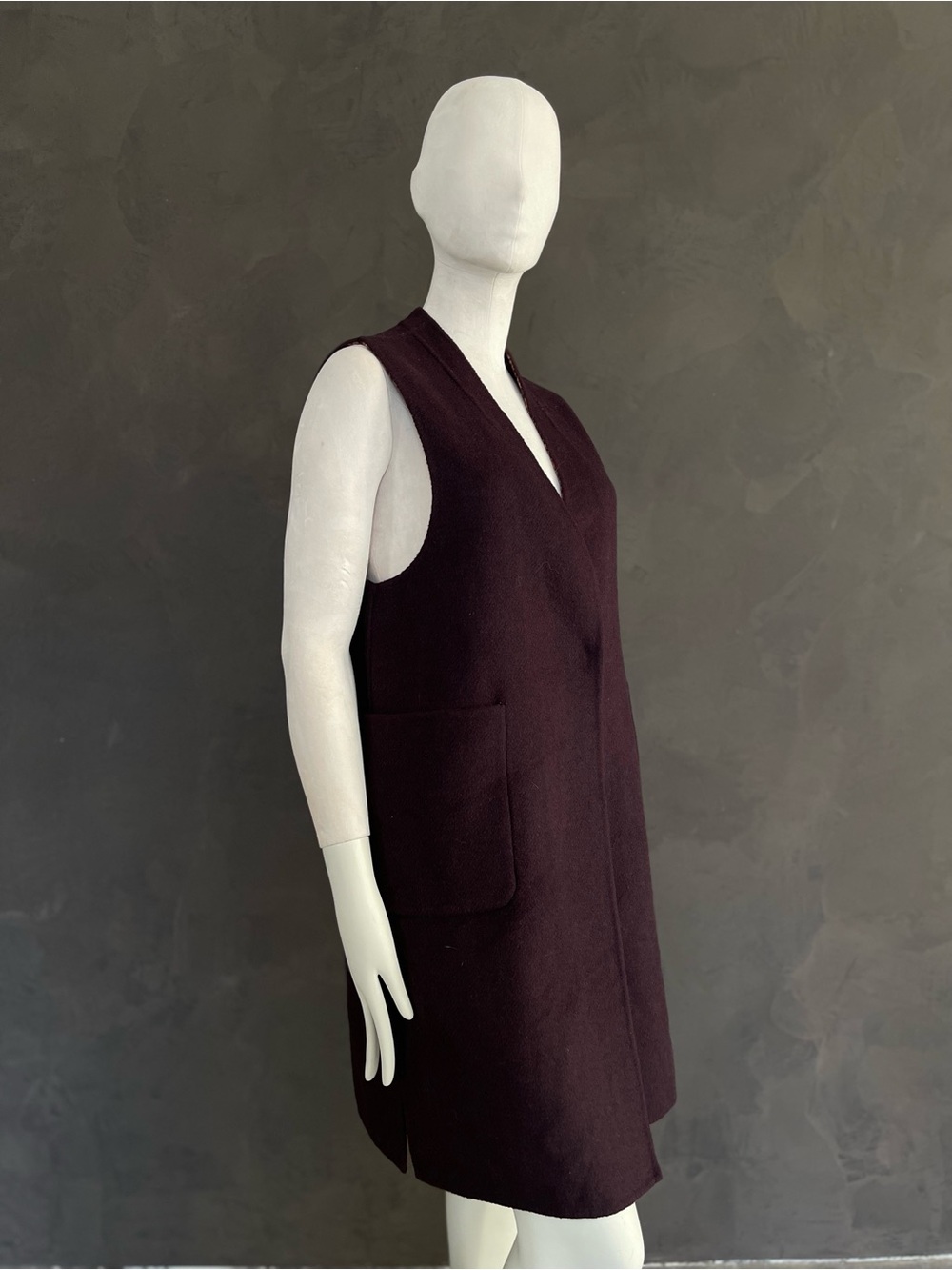 Reversible Burgundy Plaid Longline Vest Sleeveless Coat Patch Pockets
